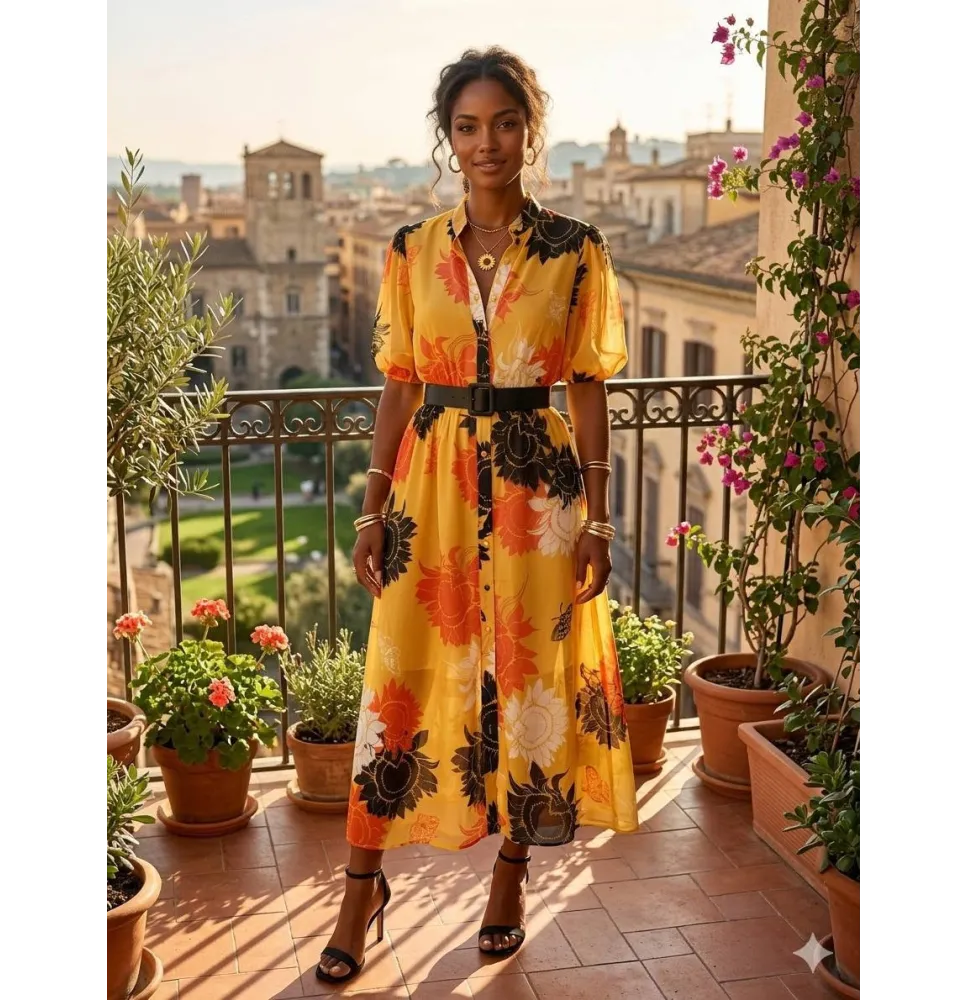 Robe chemisier midi "Soleil d'Été" à motifs florauxTenue de soirée