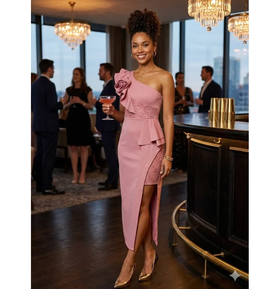 Robe de cocktail asymétrique "Rose Romantique" à détails florauxAccueil