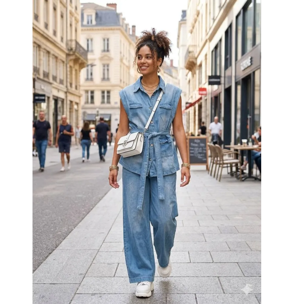Ensemble Ensemble Jean délavé Zara Denim Deux Pièces – Gilet Ajustable et Pantalon LargeEnsembles