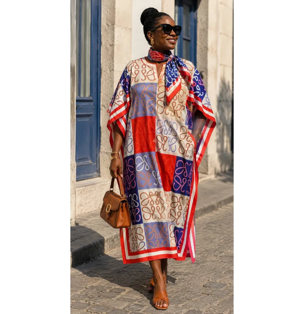 Robe Boubou Fluide Imprimée Géométrique avec Foulard AssortiRobes longues et mini