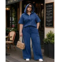 Ensemble Denim Chic Deux Pièces – Veste à Capuche Éclair et Pantalon Cargo LargeEnsembles