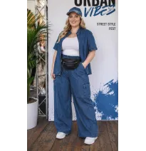 Ensemble Denim Chic Deux Pièces – Veste à Capuche Éclair et Pantalon Cargo LargeEnsembles