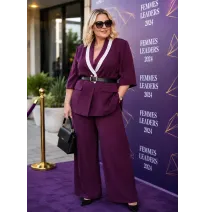 Ensemble Tailleur Femme Élégant – Veste Croisée à Col Contrasté et Pantalon Fluide LargeEnsembles