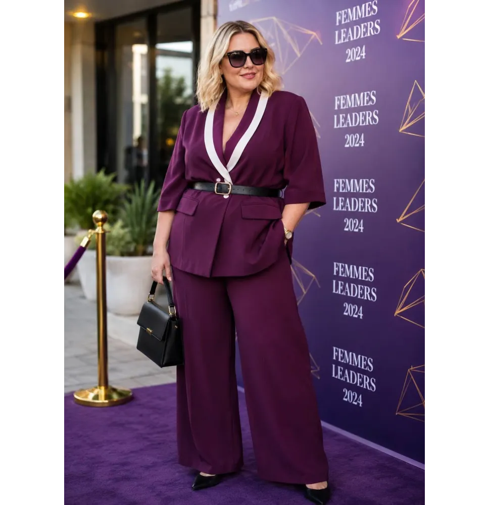 Ensemble Tailleur Femme Élégant – Veste Croisée à Col Contrasté et Pantalon Fluide LargeEnsembles