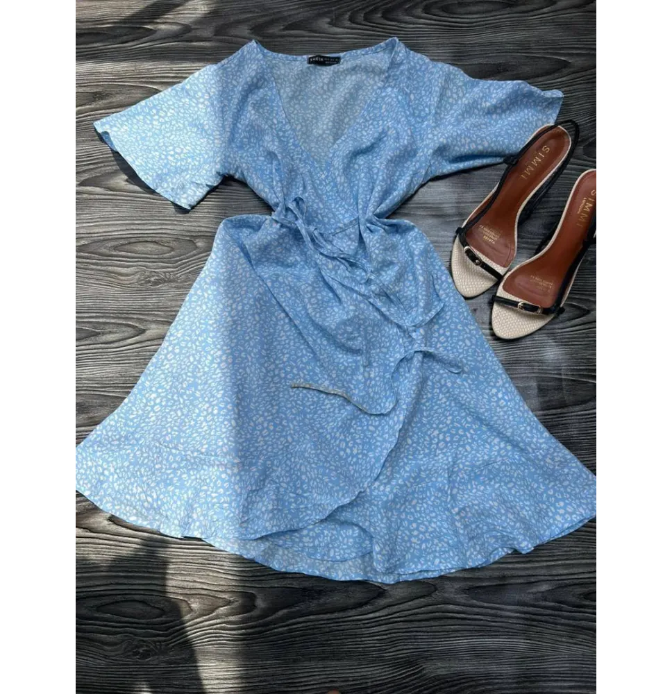 Robe Portefeuille Courte Bleu Ciel à Motif Fleurimode