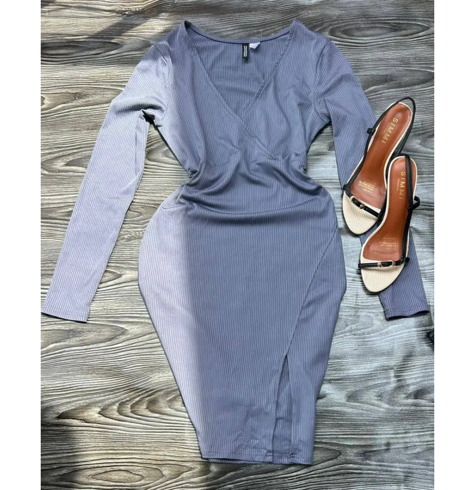 Robe Côtelée Mouvante Gris Mauve - Coupe Cache-Cœur et Fenduemode