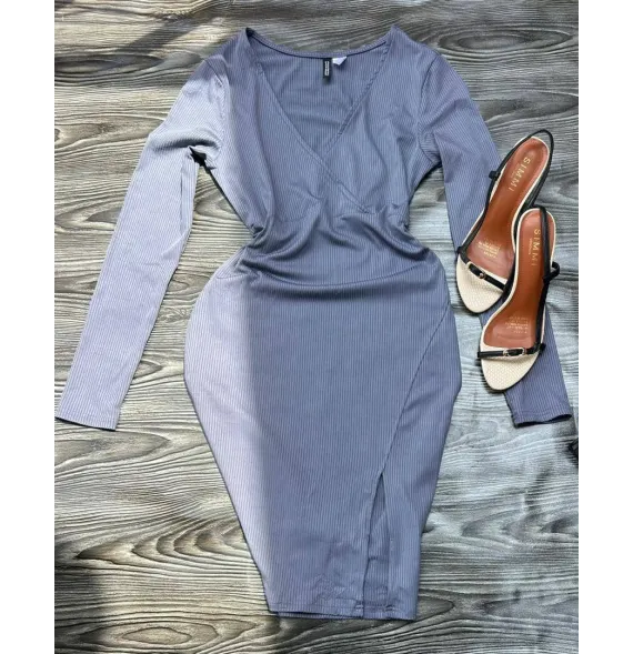 Robe Côtelée Mouvante Gris Mauve - Coupe Cache-Cœur et Fenduemode
