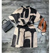 Robe Courte Fluide Noire et Beige - Imprimé Géométrique AbstraitRobes longues et mini