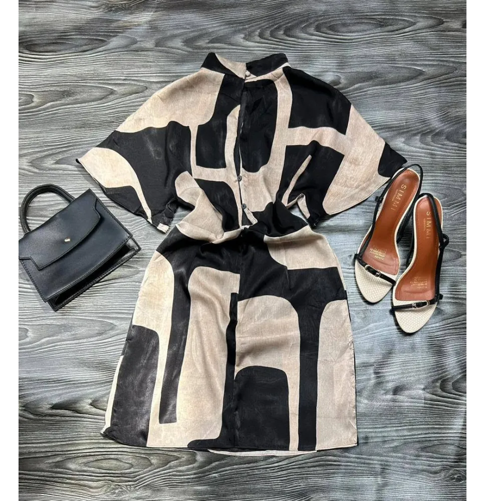 Robe Courte Fluide Noire et Beige - Imprimé Géométrique AbstraitRobes longues et mini