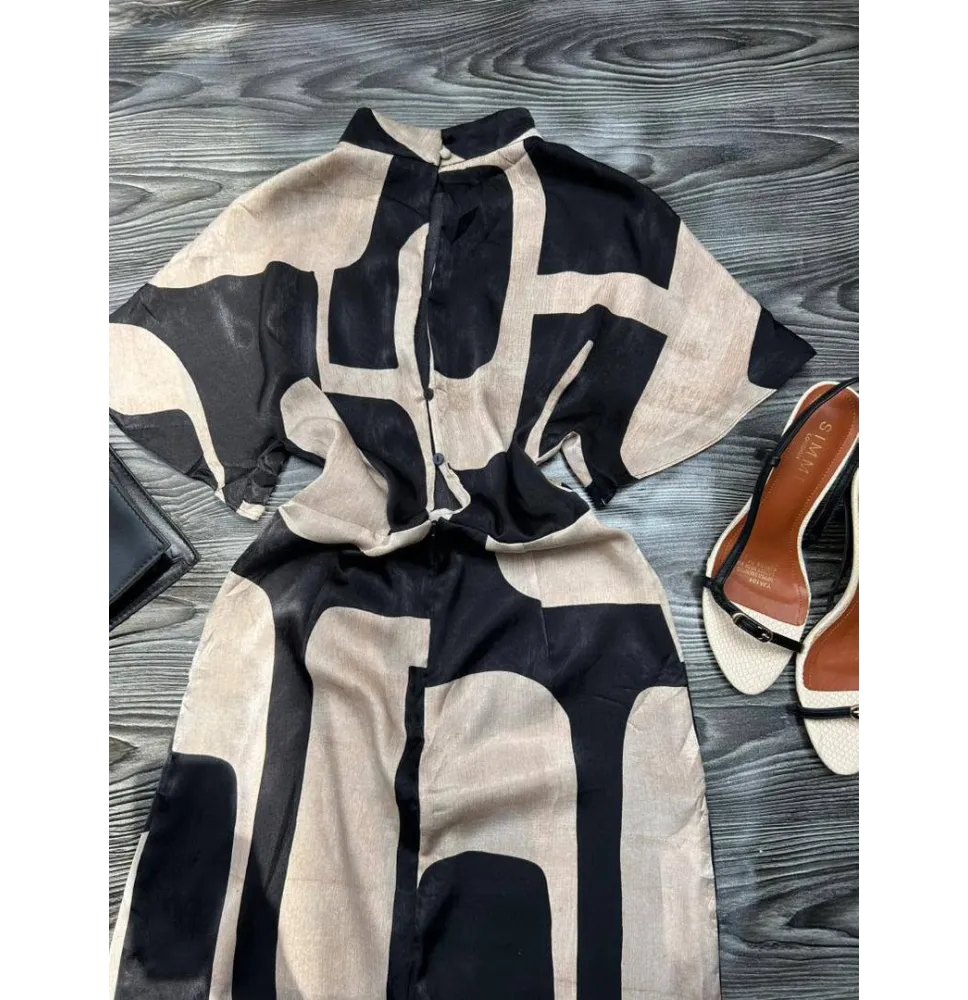 Robe Courte Fluide Noire et Beige - Imprimé Géométrique Abstrait