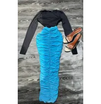 Ensemble 2 Pièces Chic - Crop Top Noir Manches Longues et Jupe Longue Froncée Bleu Turquoisemode
