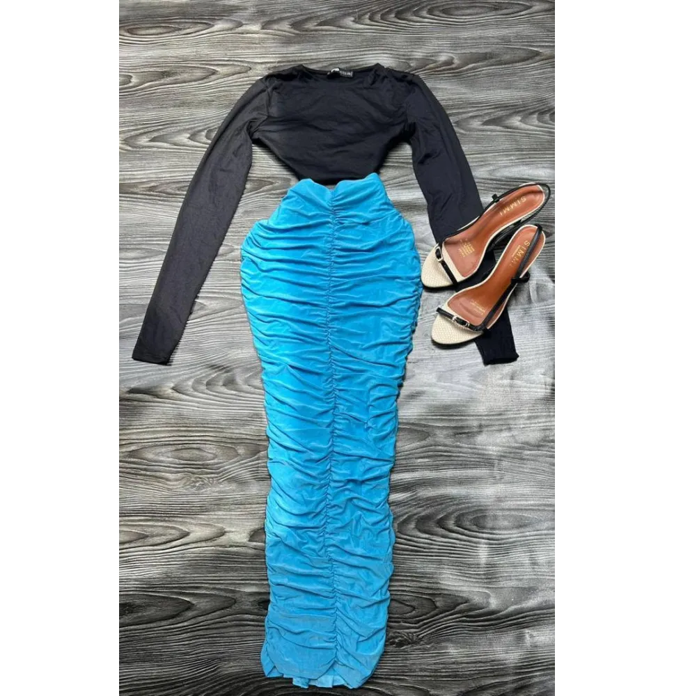 Ensemble 2 Pièces Chic - Crop Top Noir Manches Longues et Jupe Longue Froncée Bleu Turquoisemode