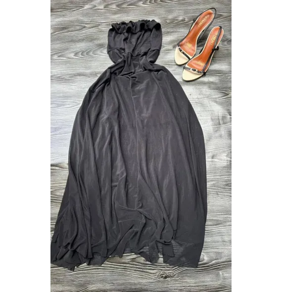 Robe Longue Bustier Noire Fluide - Encolure Volantée Froncéemode
