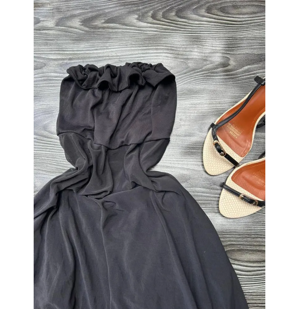 Robe Longue Bustier Noire Fluide - Encolure Volantée Froncée