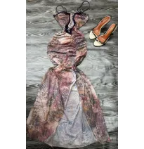 Robe Longue en Mesh Multicolore - Imprimé Abstrait Baroque, Fronces et FenteRobes longues et mini