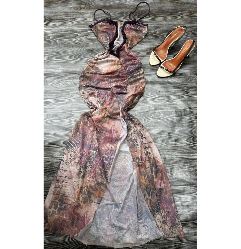Robe Longue en Mesh Multicolore - Imprimé Abstrait Baroque, Fronces et FenteRobes longues et mini