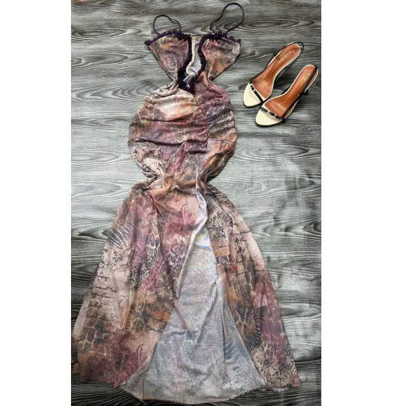 Robe Longue en Mesh Multicolore - Imprimé Abstrait Baroque, Fronces et FenteRobes longues et mini