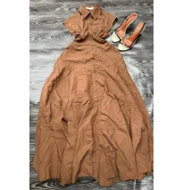 Robe Longue Chemise Marron Chocolat - Coupe Évasée à Volants ÉtagésChemisiers