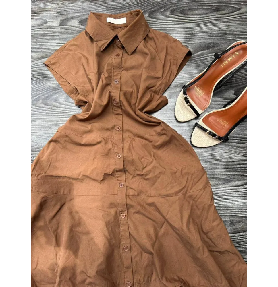 Robe Longue Chemise Marron Chocolat - Coupe Évasée à Volants Étagés