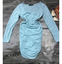 Robe Courte Froncée Bleu Turquoise Clair - Encolure Carrée et Manches LonguesAccueil