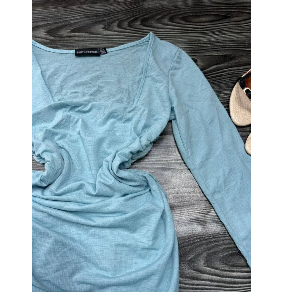 Robe Courte Froncée Bleu Turquoise Clair - Encolure Carrée et Manches Longues