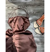 Robe Courte Dos Nu en Satin Marron Chocolat - Multi-Brides Croisées Glamourmode