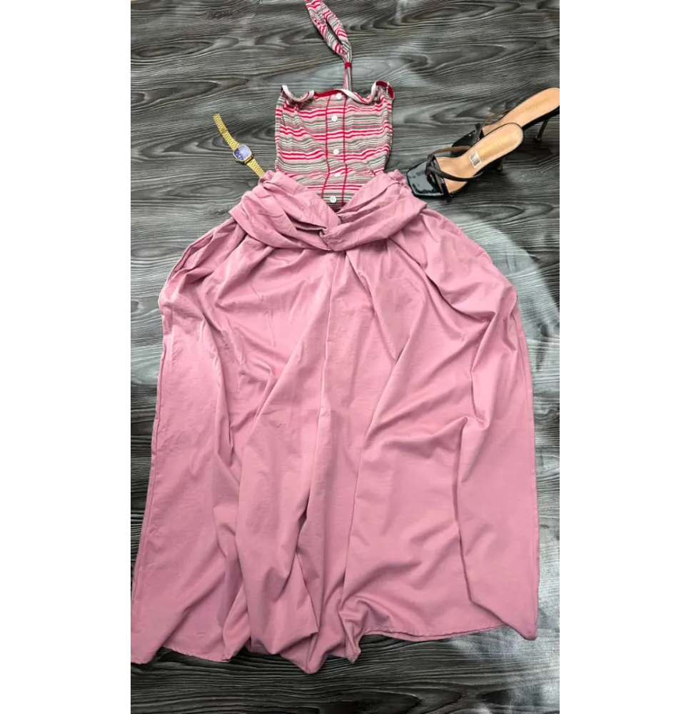 Ensemble élégant : Haut à carreaux & Jupe longue fluide (vieux rose)