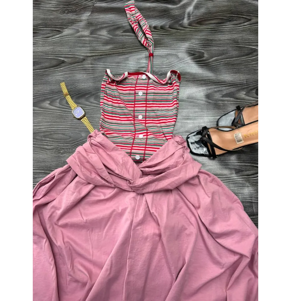 Ensemble élégant : Haut à carreaux & Jupe longue fluide (vieux rose)