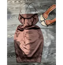 Robe Courte Dos Nu en Satin Marron Chocolat - Multi-Brides Croisées Glamourmode