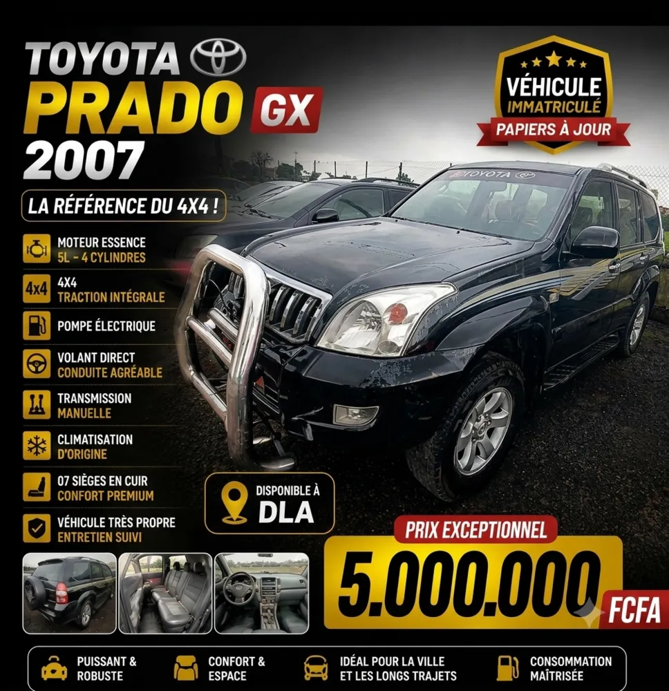 Toyota Prado GX 2007 | SUV 4x4 Robuste | 7 Places Cuir | Immatriculé & Papiers à JourVéhicules et pièces de rechange